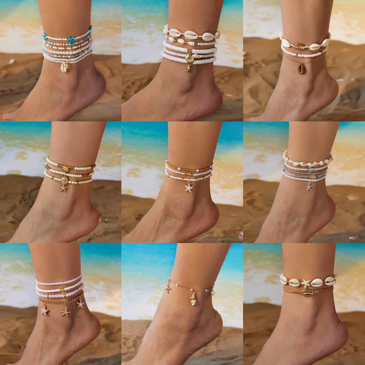 Golden starfish shell conch pearl anklet