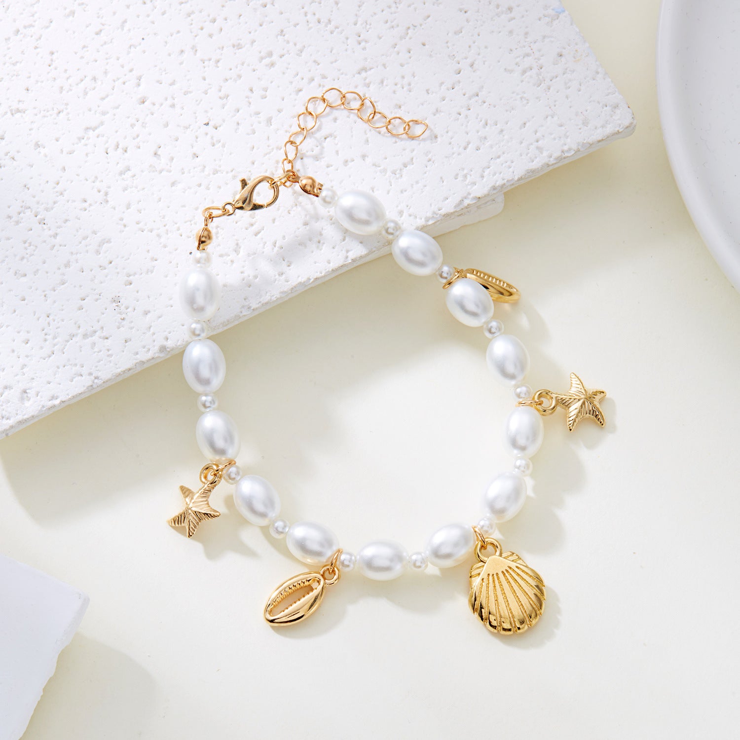 Golden starfish shell conch pearl anklet