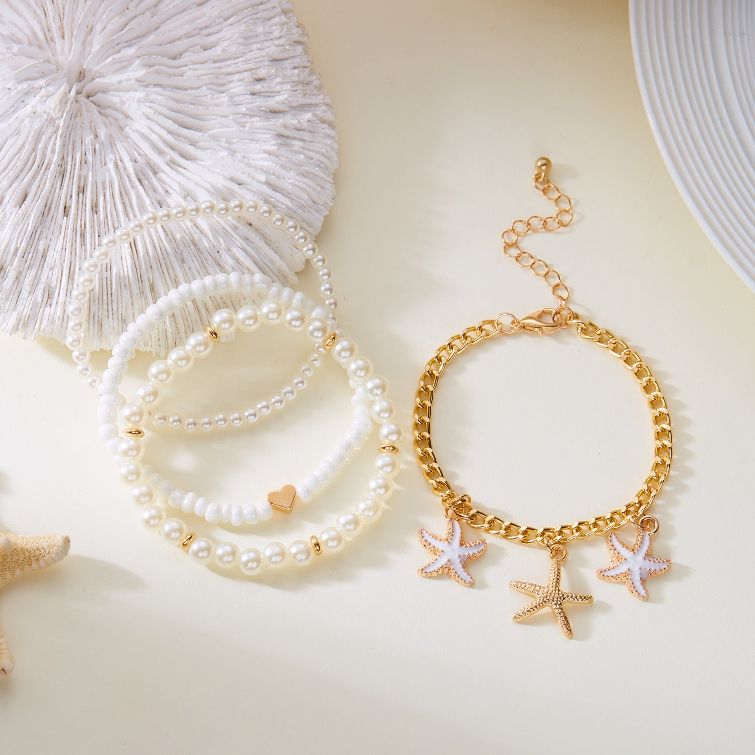 Golden starfish shell conch pearl anklet
