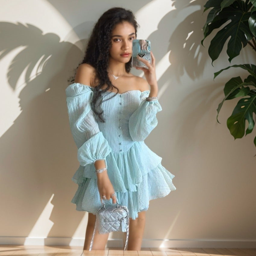 Women's Solid Color Chiffon Bubble Sleeve Dress