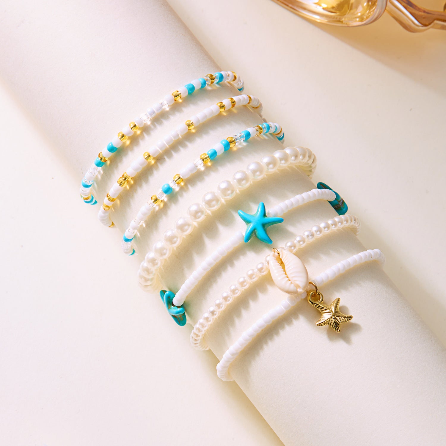 Golden starfish shell conch pearl anklet